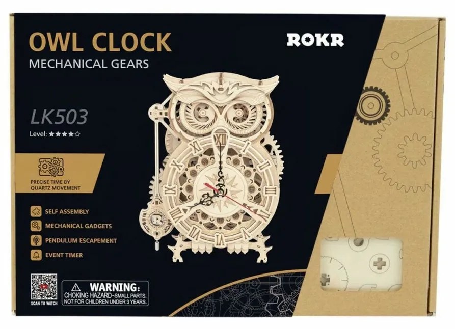 RoboTime 3D drevené mechanické puzzle Sovie hodiny