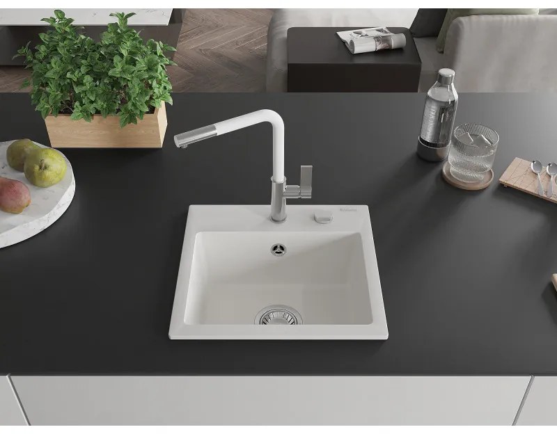 Mexen Milo, 1-komorový granitový drez 435x410x171 mm a drezová batéria Flora, biela, 6505-20-670401-02