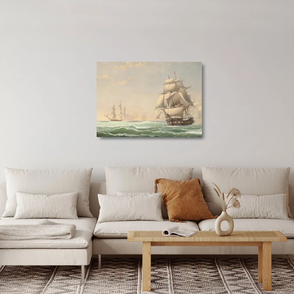Sklenený obraz - Fitz Henry Lane, The United States Frigate President Engaging the British Squadron, reprodukcia (70x50 cm)