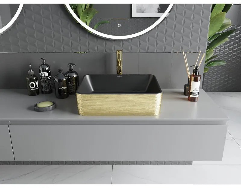 Mexen Catia, umývadlo na dosku 48x37x14 cm, čierna matná-zlatý vzor, 21314877