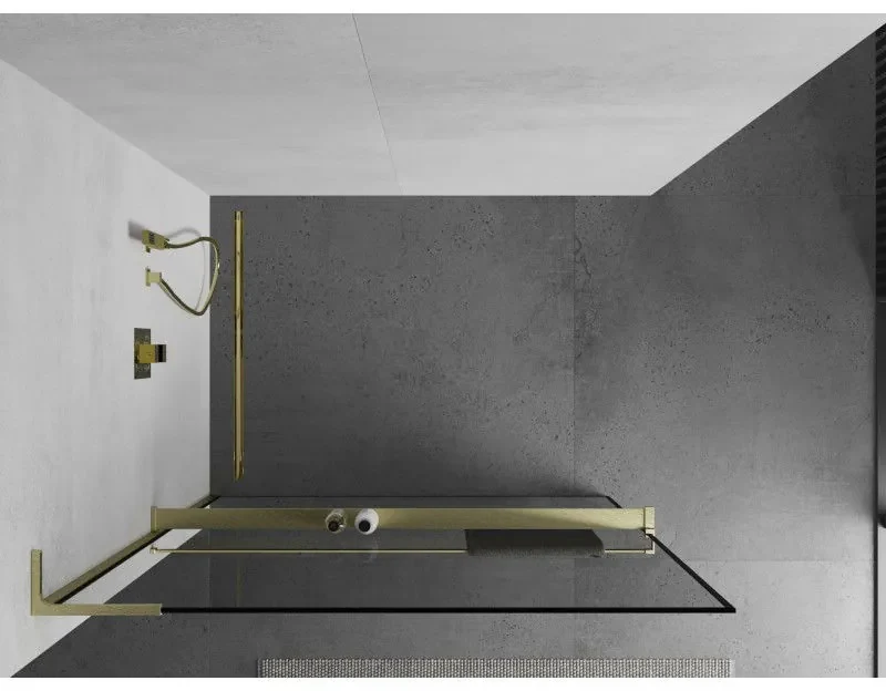Mexen Kioto+ L, sprchová zástena Walk-In s poličkou a vešiakom 100 x 200 cm, 8mm číre sklo čierny vzor, zlatý matný profil, 800-100-123-55-70
