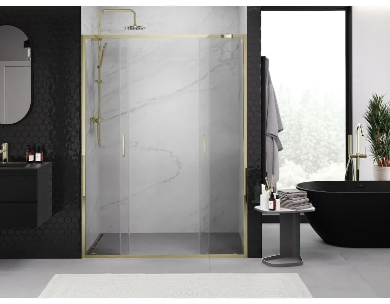 Mexen Exo, posuvné dvojité sprchové dvere 150 cm, číre sklo, zlatá, 8152-150-000-50-00