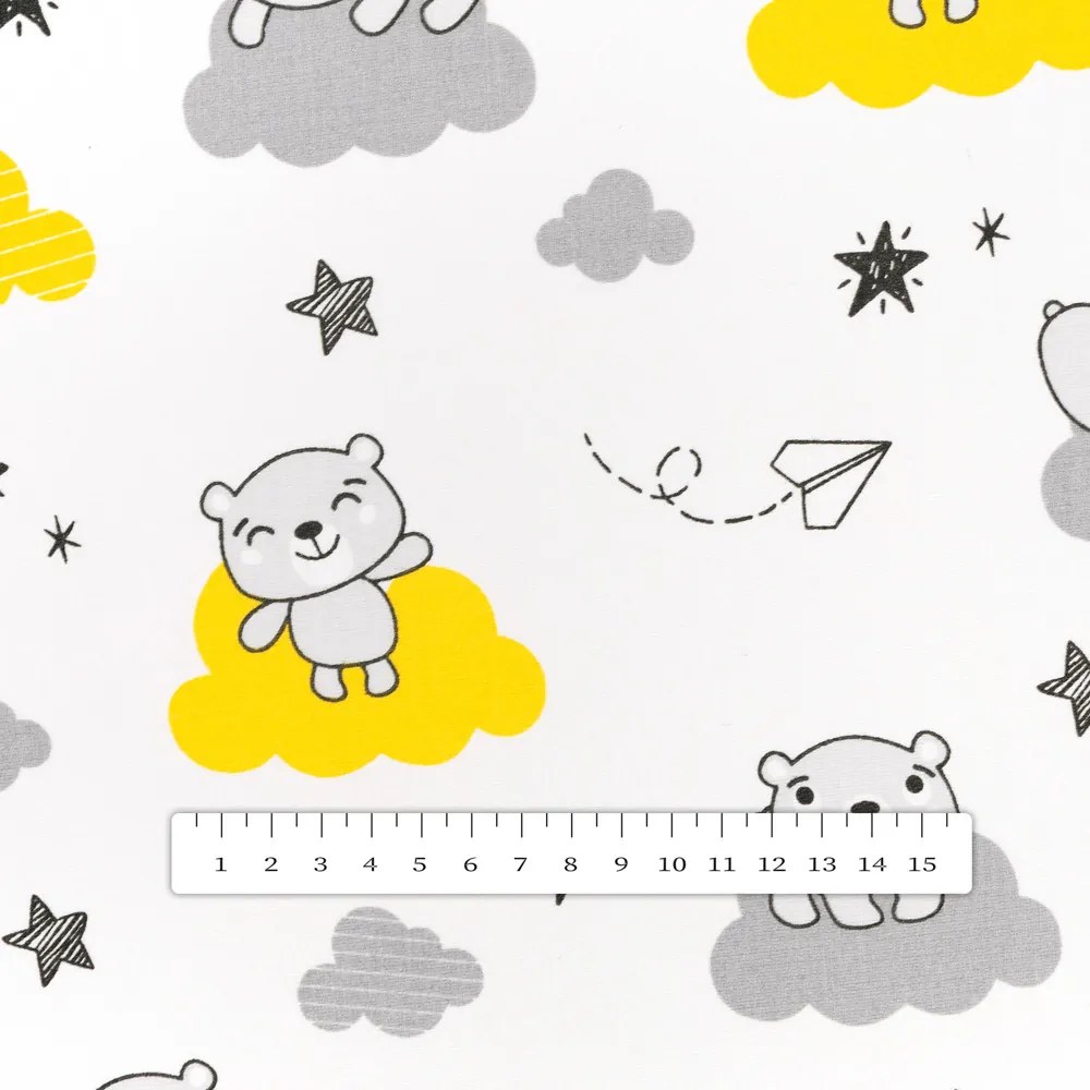 Biante Detský bavlnený behúň na stôl Sandra SA-725 Medvedíky na žlto-sivých obláčikoch na bielom 20x160 cm