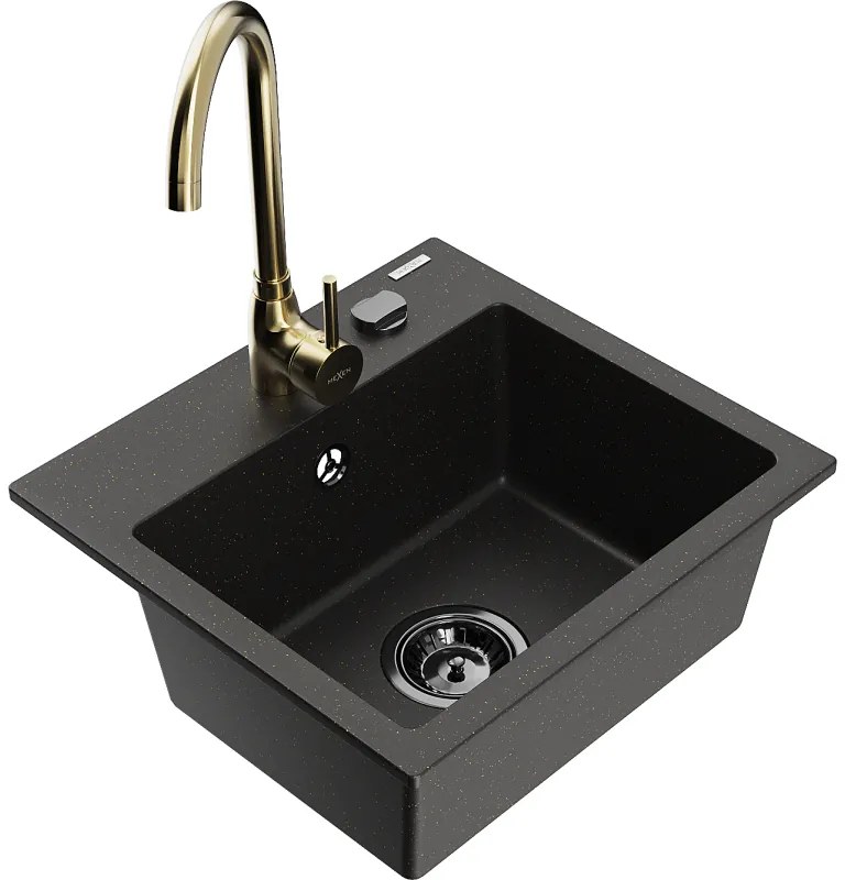 Mexen Milo, 1-komorový granitový drez 435x410x171 mm a zlatá batéria Telma, čierna-zlatá metalíza, 6505-75-670200-50-B