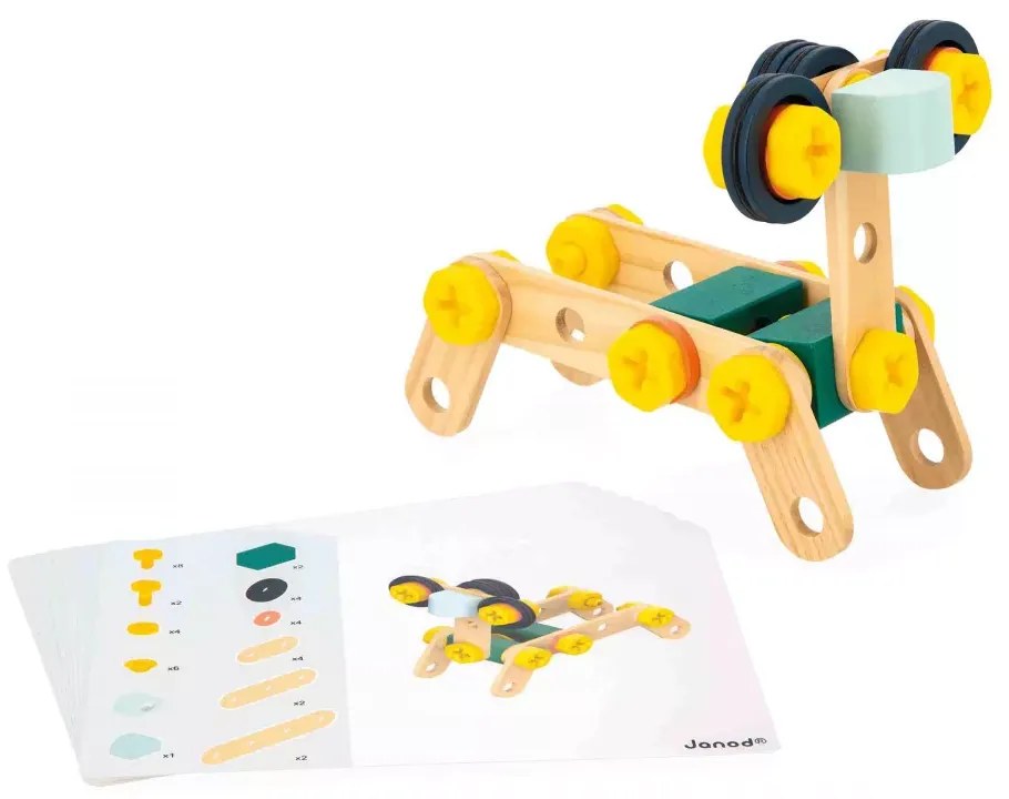 BricoKids - Drevená montážna stavebnica s predlohami a náradím - 50 ks