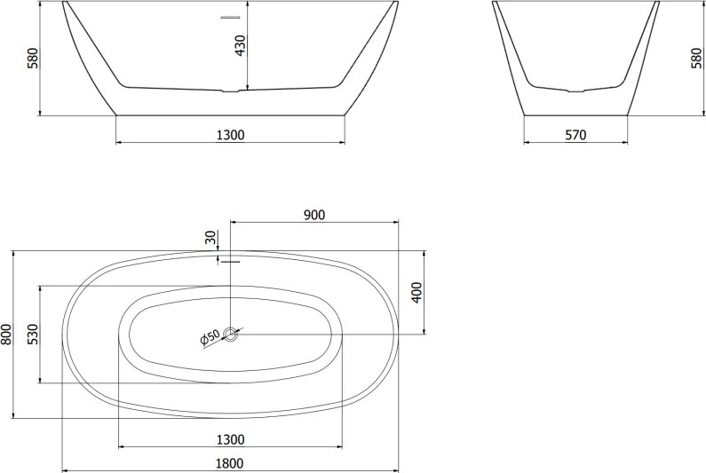 Mexen Eris, voľne stojaca vaňa 180 x 80 cm, biela, zlatý matný prepad, 53441808000-55