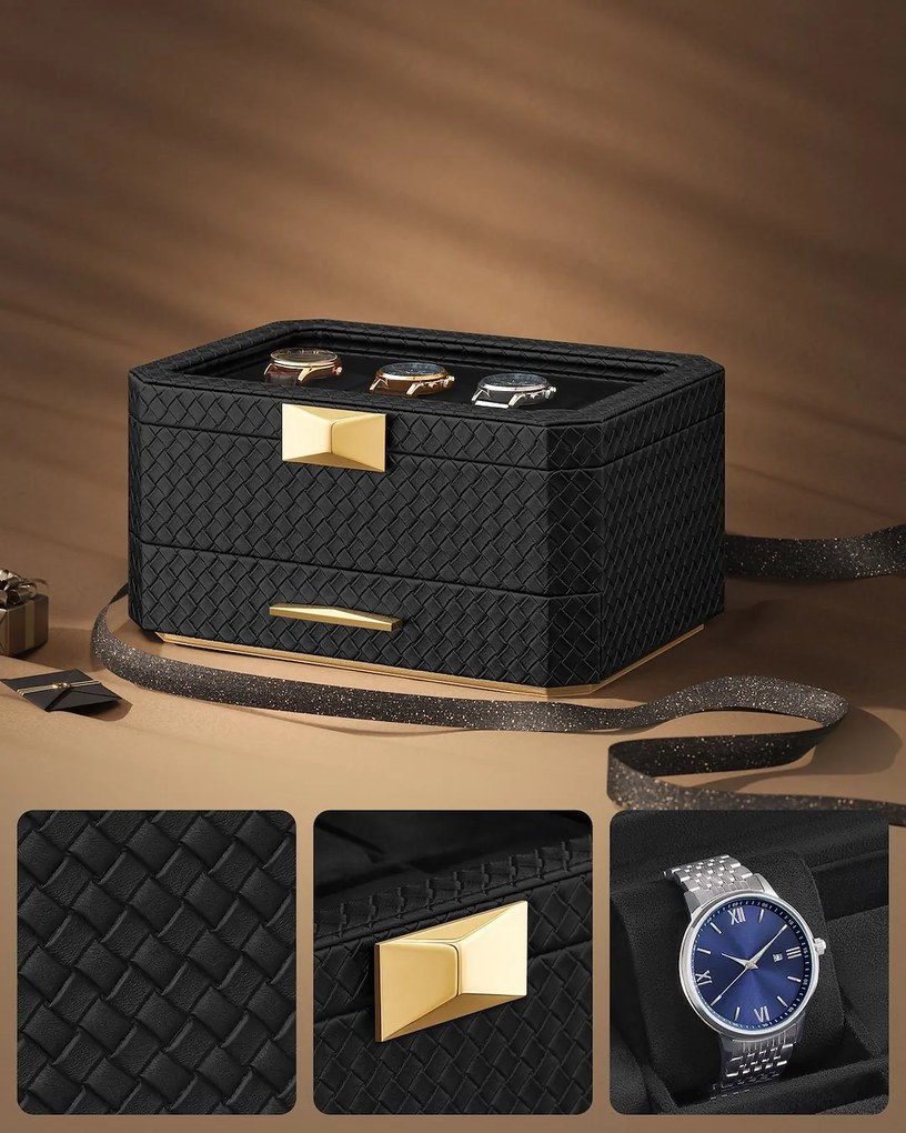 Songmics Box na hodinky Watch, 27,3x14,5x19,5 cm, čierna/zlatá