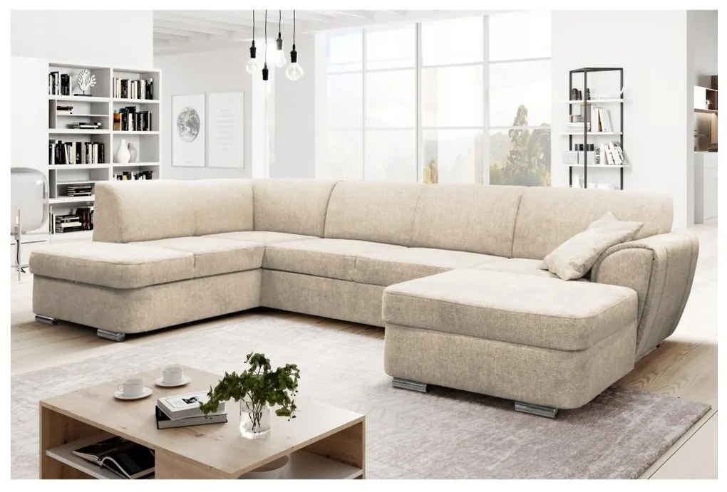 Rozkladacia ľavá rohová sedacia súprava do tvaru U SERPA, béžová, s úložným priestorom