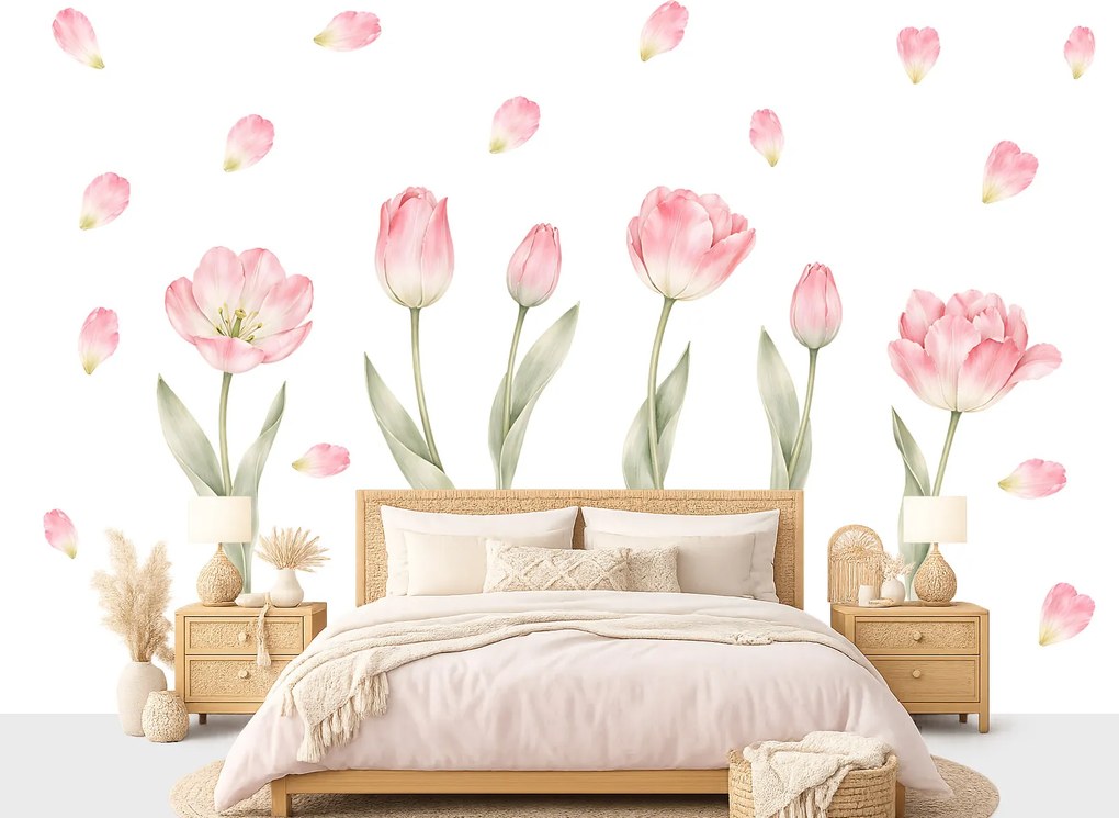 Kvety tulipány textilní prelepiteľná samolepiaca dekorácia na stenu hárok 46 x 33 cm