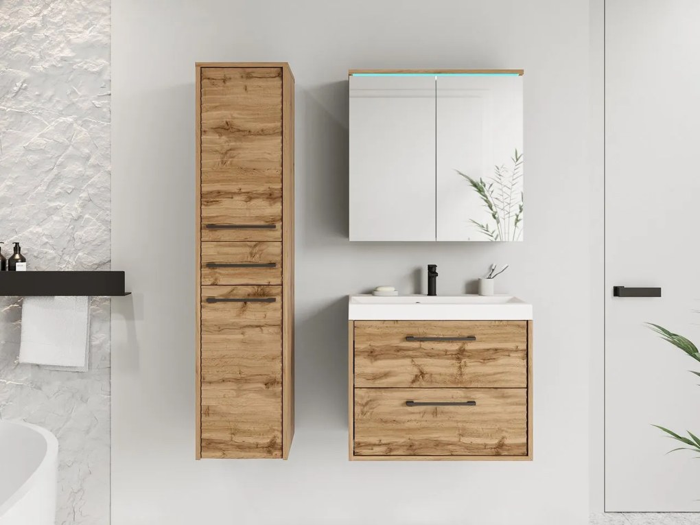 Kúpelňový nábytok Tomeq I, Farby: wotan / wotan fala, Sifón: bez sifónu, Osvetlenie: osvetlenie LED RGB - farebné, Umývadlová batéria: Economico BYU 020M