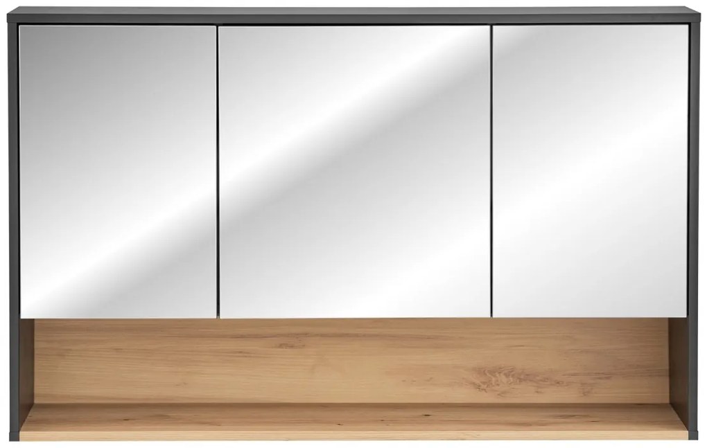Závesná kúpeľňová skrinka so zrkadlom Borneo Cosmos 843 3D sivá/dub artisan