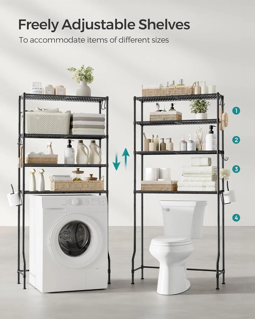 Kovový stojan, 4 úrovňový úložný priestor nad toaletu, čierny