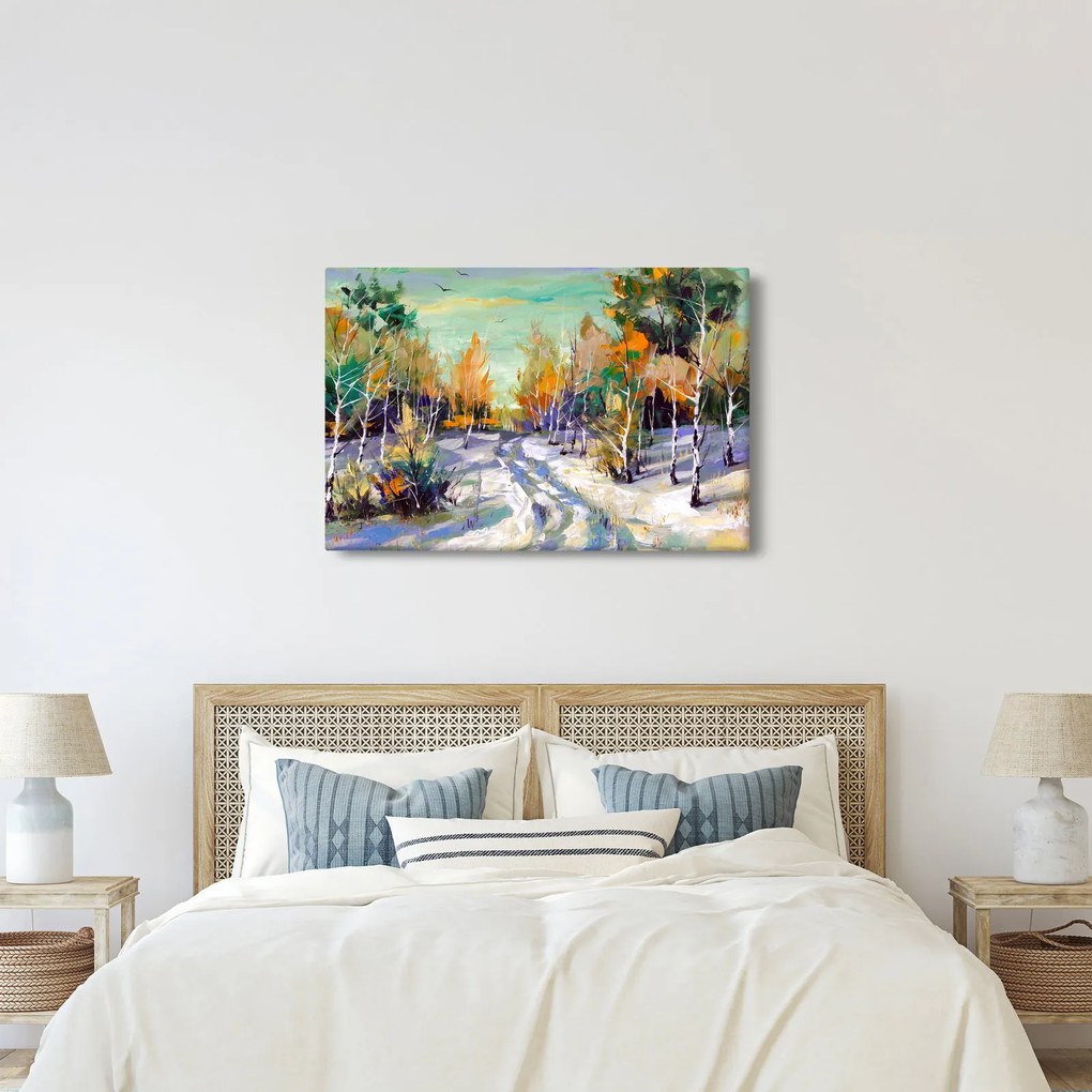 Obraz - Zasnežená cesta lesom, olejomaľba (90x60 cm)
