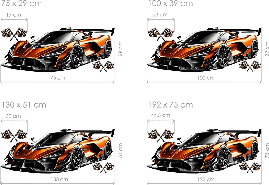 Oranžový športiak textilní prelepiteľná nálepka na stenu hárok 75 x 29 cm