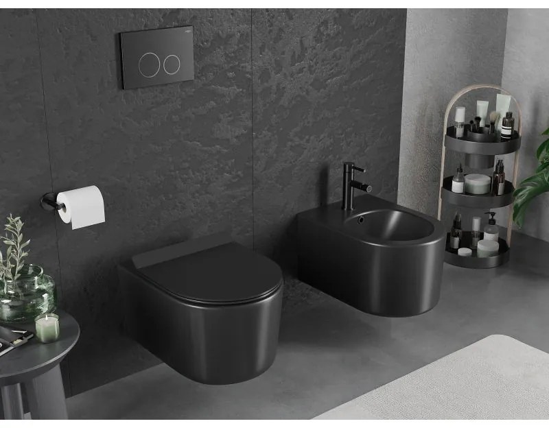 Mexen Sofia, závesná WC misa 490x360x355 mm, Rimless Tornádo + WC sedadlo z duroplastu, čierna matná, 30540185T