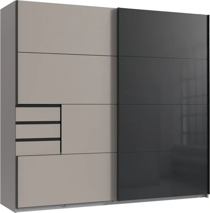 Šatníková skriňa so zásuvkami Tilburg, 225 cm, šedá sahara/čierne sklo