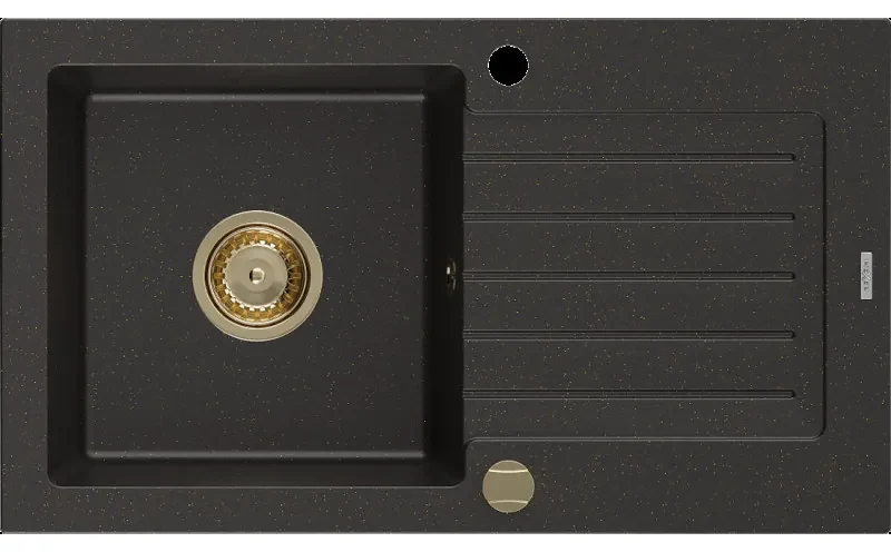 Mexen Pablo granitový jednokomorový drez s odkvapkávačom 752 x 436 mm, Čierna/Zlatá metalíza, Sifón Zlatá - 6510751010-75-G