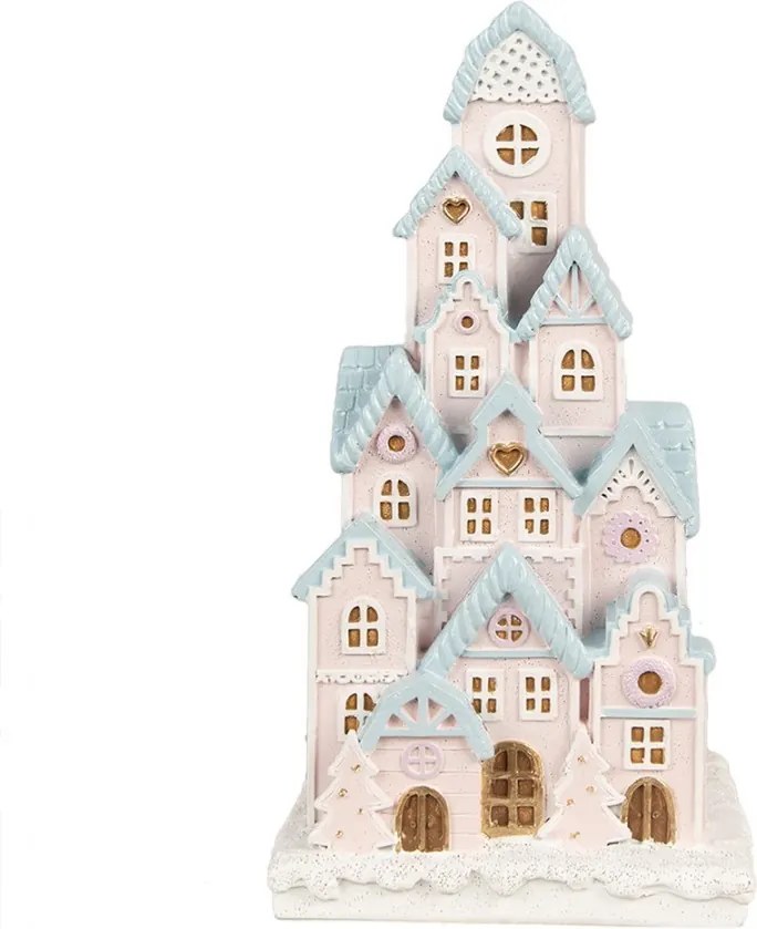Ružovo-modrá svietiaca dekorácia perníkové domčeky Gingerbread House - 13*13*26 cm
