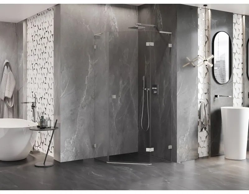 Mexen Lunar, L pravý výklopný päťuholníkový sprchový kút 100x100 cm, 8mm číre sklo, oceľový profil, 831L-100P-100L-97-00-P