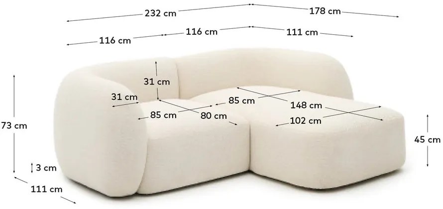 Krémová ženilková rohová pohovka (pravý roh/s leňoškou) Martina – Kave Home