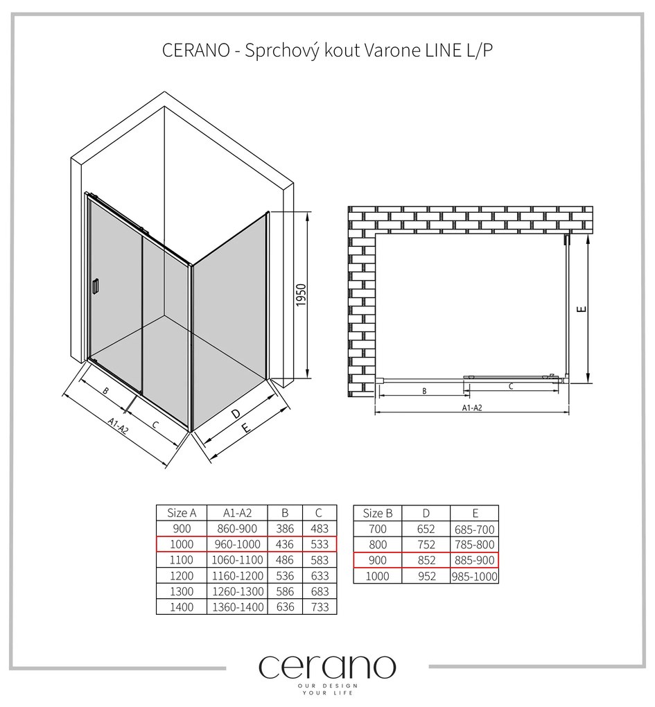 CERANO - Sprchovací kút Varone LINE L/P - čierna matná, grafitové sklo - 100x90 cm - posuvný, CER-CER-8050BD7214