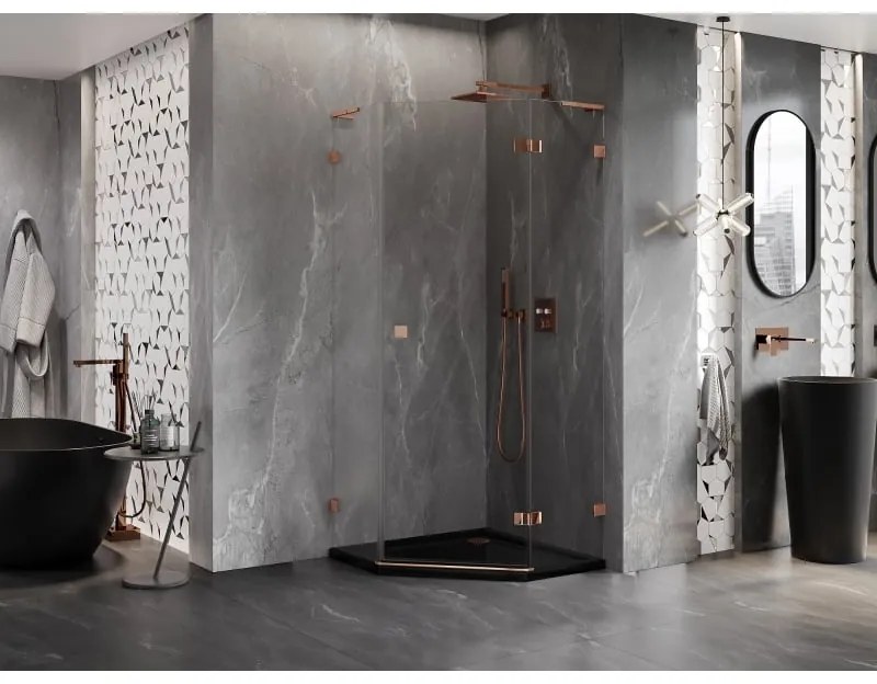 Mexen Lunar, L päťuholníkový sprchový kút s pravým sklonom 90 x 90 cm, 8mm číre sklo, profil ružové zlato, 831L-090P-090L-60-00-P