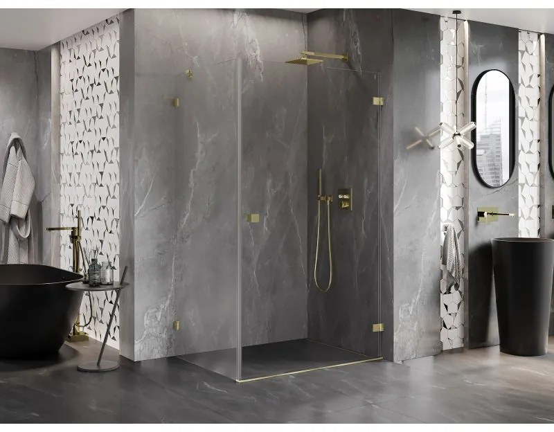 Mexen Lunar-B, pravostranný výklopný sprchový kút 75 x 70 cm, 8mm číre sklo, zlatý kartáčovaný - 832-075-070-55-00-P