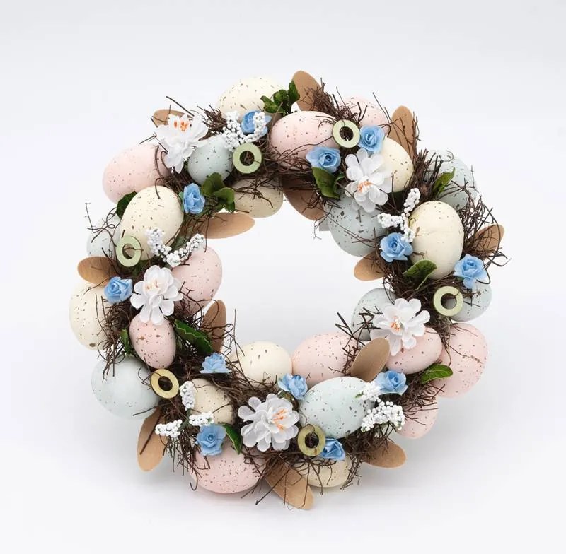 DECOLED Velikonoční věnec, 30 x 8 cm, modré kvítky a vajíčka