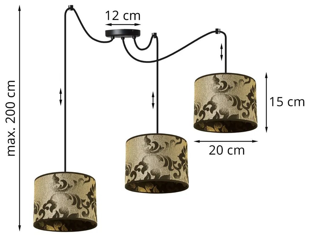 Závesné svietidlo WERONA SPIDER 1, 3x čierne/zlaté textilné tienidlo so vzorom