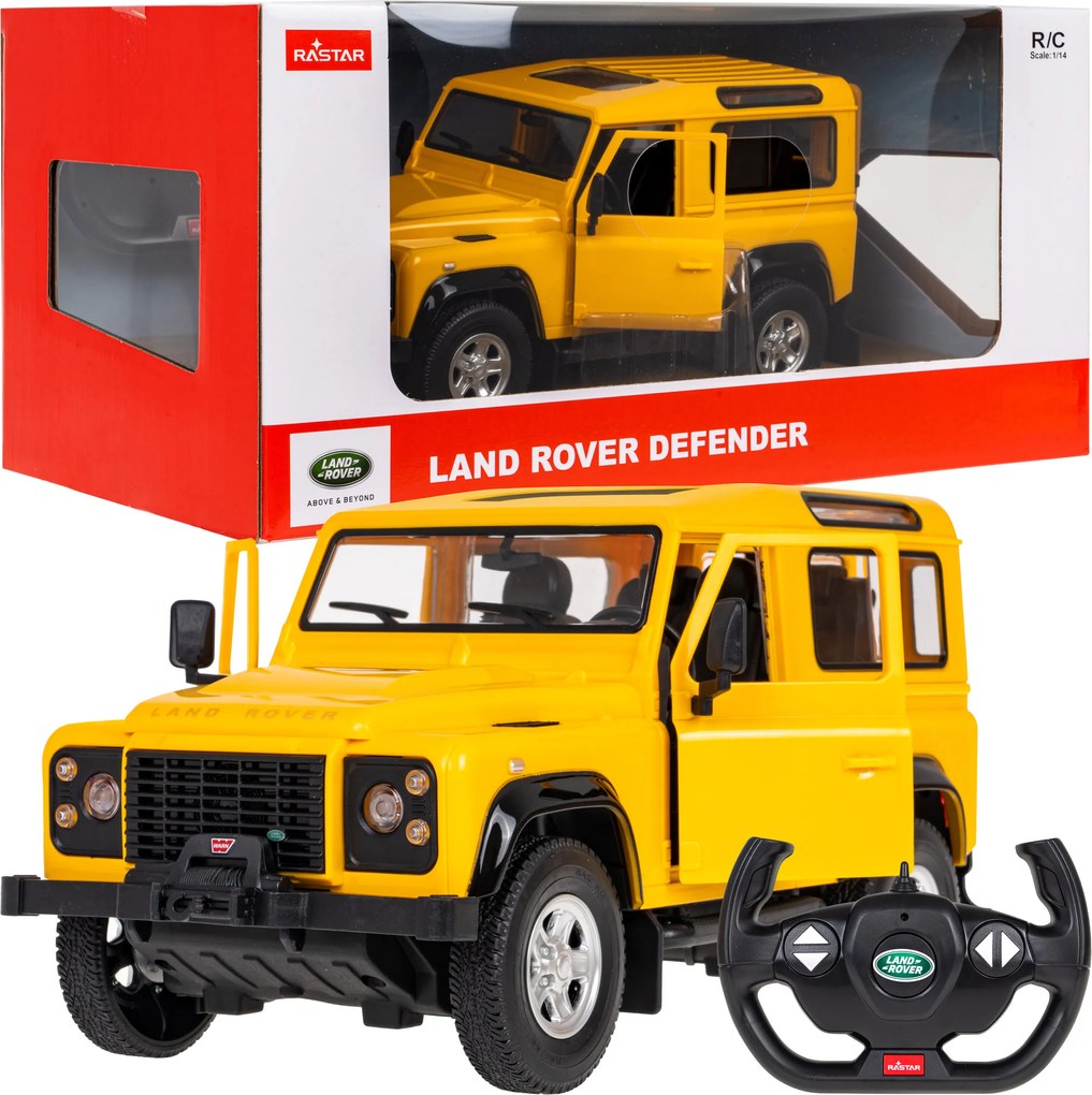 Land Rover Defender žltý RASTAR 1:14 model Auto na diaľkové ovládanie + 2,4 GHz diaľkové ovládanie + Manuálne otváranie dverí