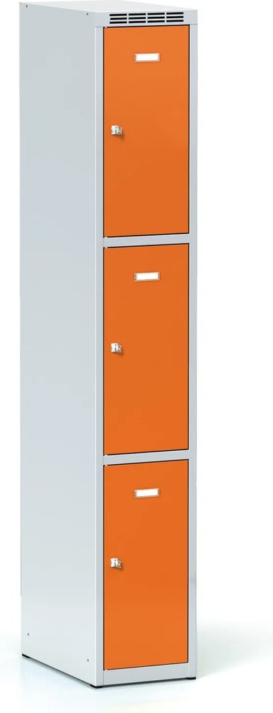 Šatníková skrinka S6 s úložnými boxami, 3 boxy, 1800 x 300 x 500 mm, otočný zámok, oranžové dvere