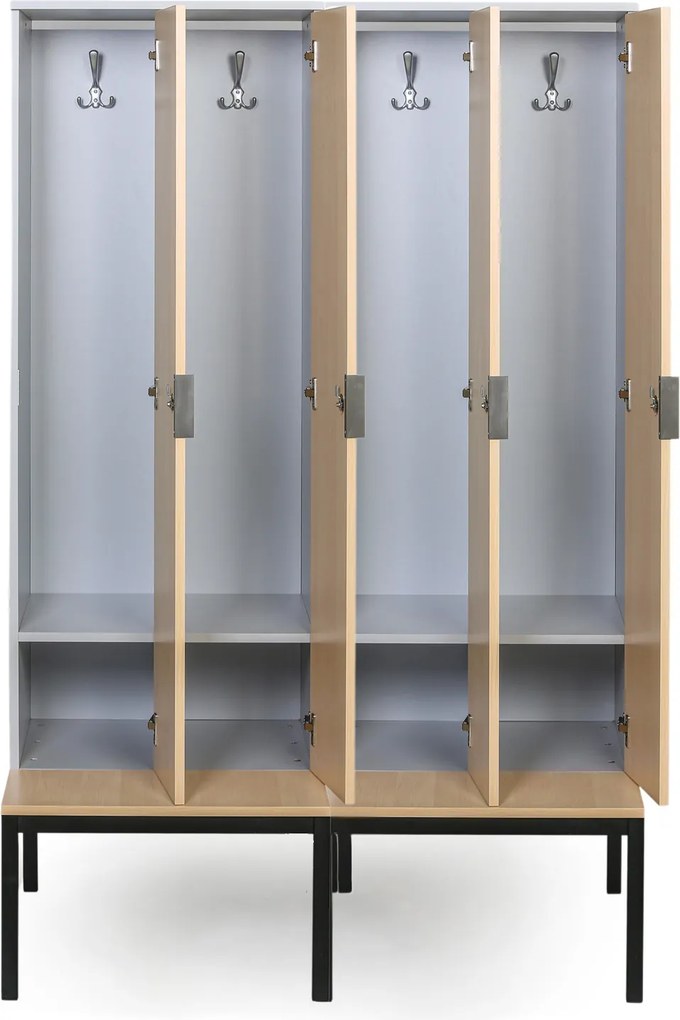 Drevená šatníková skrinka S4 s lavičkou, 4 oddiely, 1871 x 1200 x 500/800 mm, demont, cylindrický zámok, sivá/grafit