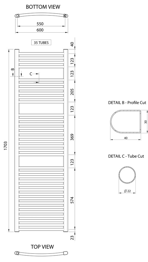 Aqualine, ALYA vykurovacie teleso oblé 600x1703mm, chróm, LLC205