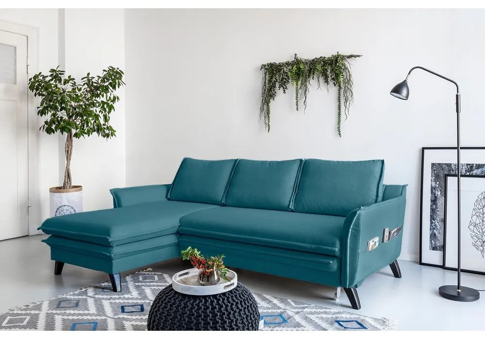 Tyrkysovomodrá rozkladacia rohová pohovka Miuform Charming Charlie, ľavý roh