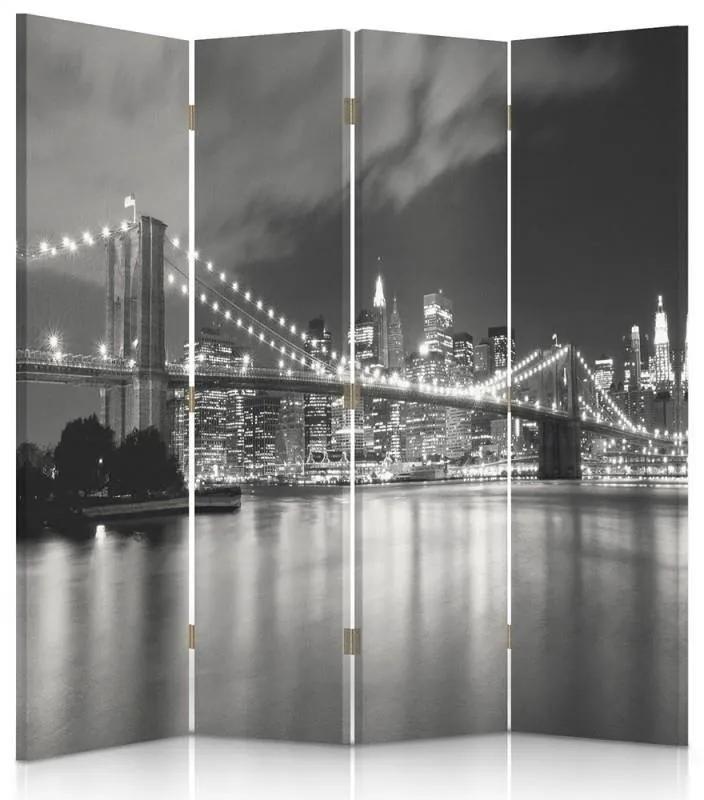 Ozdobný paraván Newyorský most Černobílý - 145x170 cm, štvordielny, klasický paraván
