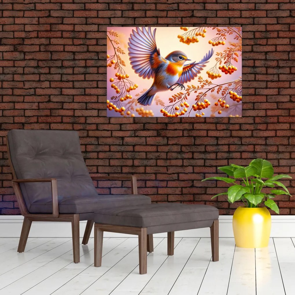 Obraz - Vták s jarabinou (90x60 cm)