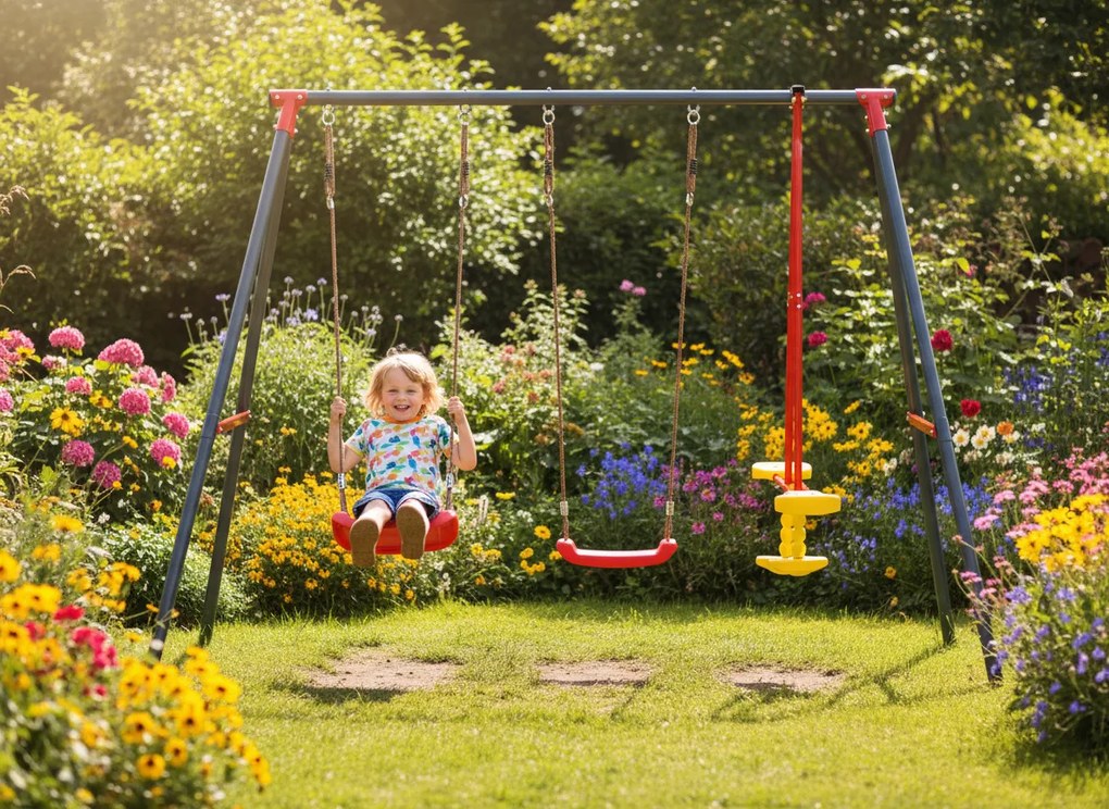 GARDEN LINE Záhradná hojdačka (kovový rám + 2 hojdačky + hojdacie koleso) 290 × 180 × 200 cm | KRE1067