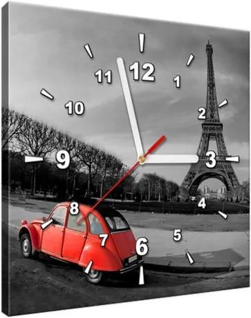 Obraz s hodinami Červené auto pri Eiffelovej veži 30x30cm ZP1117A_1AI