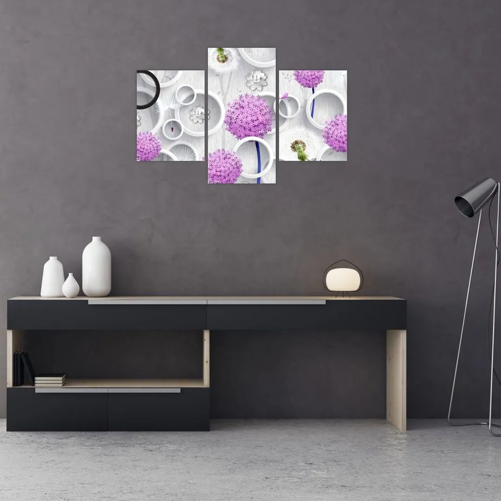 Obraz 3D abstrakcie s kruhmi a kvetinami (90x60 cm)