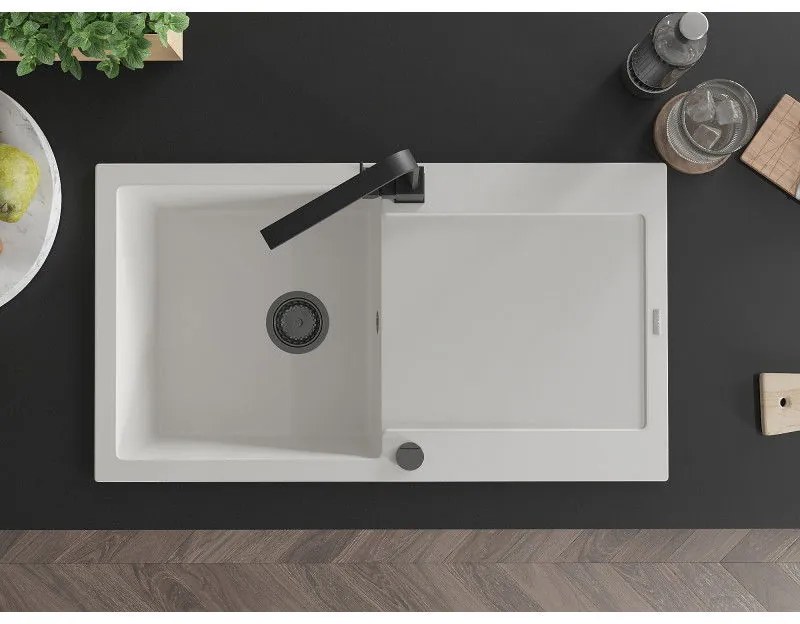Mexen Leo, drez granitový 900x500x190 mm, 1-komorový, biely s čiernym sifónom a čierna drezová batéria Rita, 6501-20-670300-70
