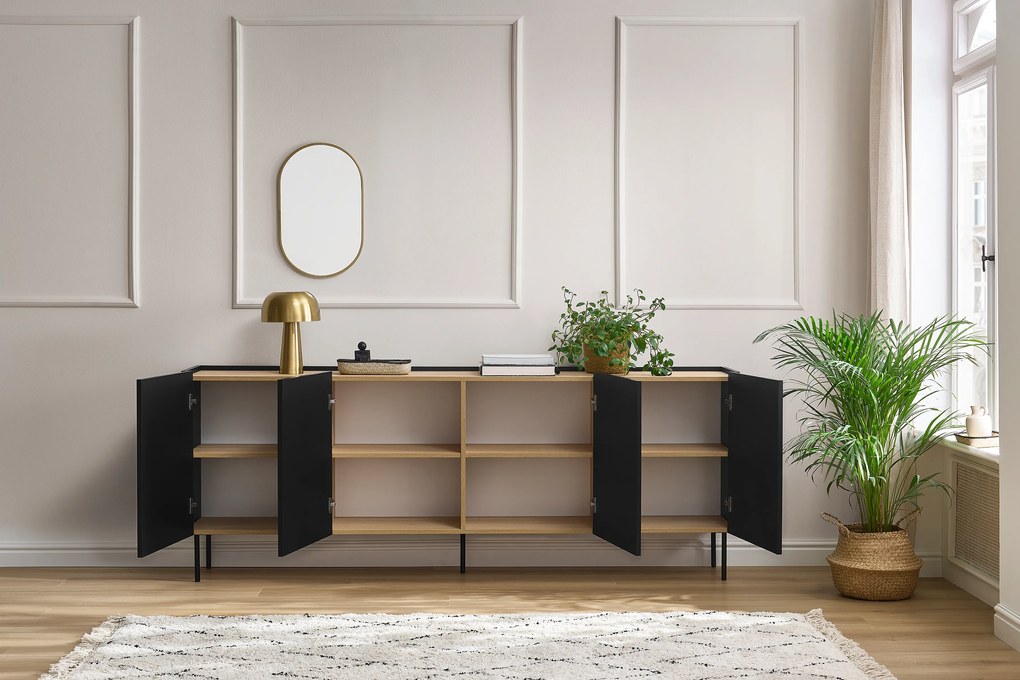 Čierna matná komoda Desin 220 cm so štyrmi dverami - duba nagano