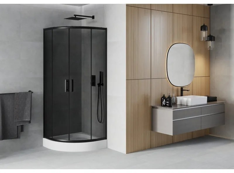 Mexen Rio, štvrťkruhový sprchovací kút s posuvnými dverami 80(dvere) x 80(dvere) x 190 cm, 6mm šedé sklo, čierny profil + biela sprchová vanička RIO, 863-080-080-70-40-4710