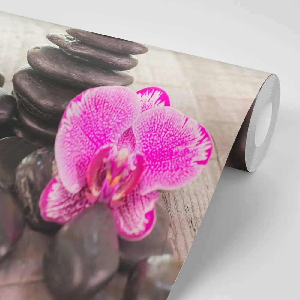 Samolepiaca fototapeta orchidea a Zen kamene na dreve - 375x250