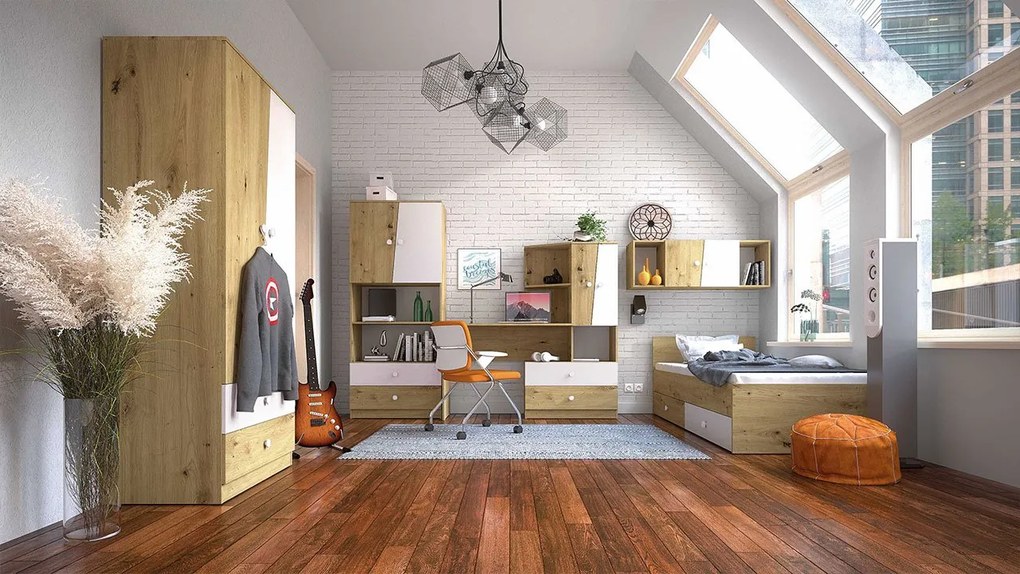 Nábytok do študentskej izby Mauve II, Farby: dub artisan / biely + sivý