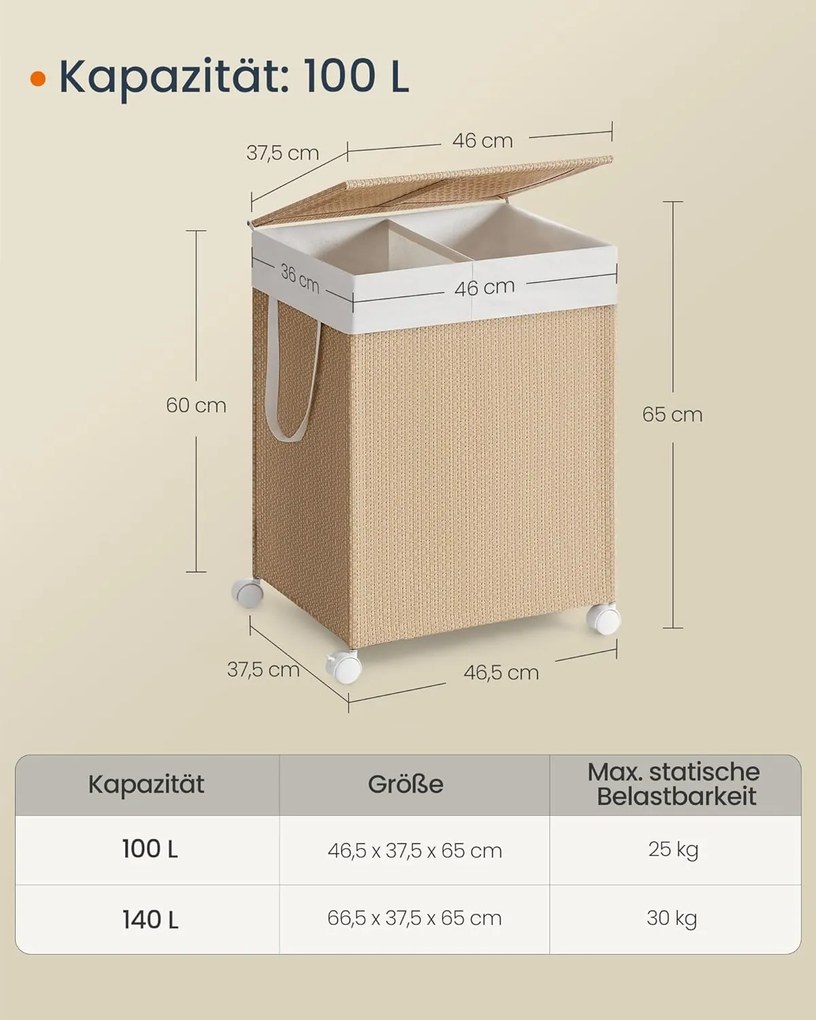 Kôš na bielizeň 100 l, s 2 priehradkami, ratanový vzhľad, prírodná farba