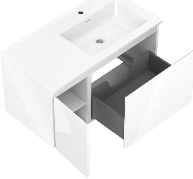 Mexen Orio, kúpeľňová skrinka 90 cm s pravým umývadlom Otis, 1S, 1D, biela lesklá, 91A13-09047-3-BBFF00-W18P00