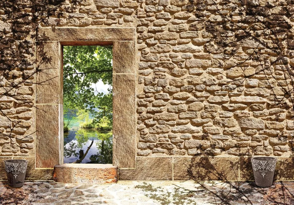 Fototapeta - Kamenný múr - vstup k rybníku (254x184 cm)
