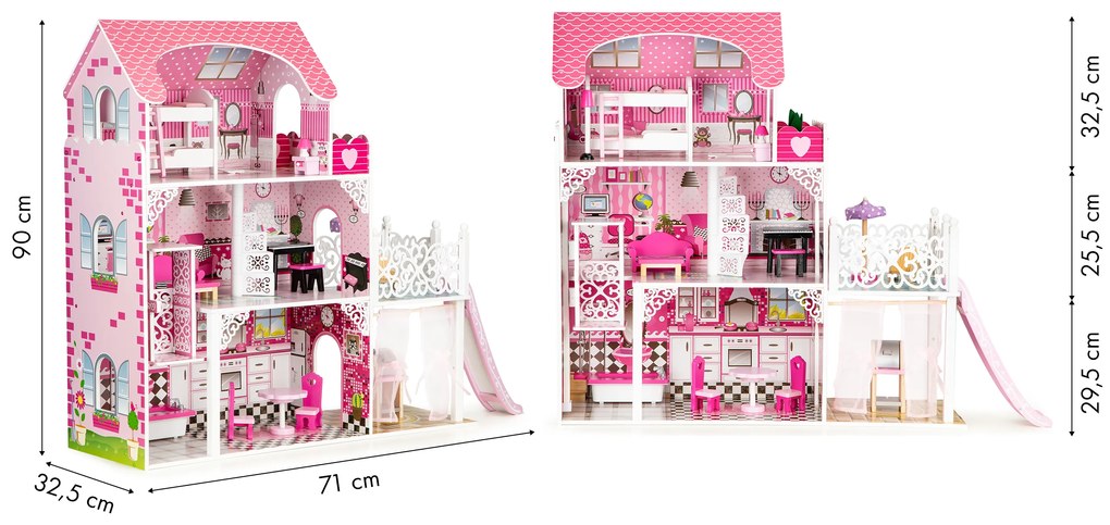 EcoToys Drevený domček pre bábiky XXL s výťahom a šmykľavkou
