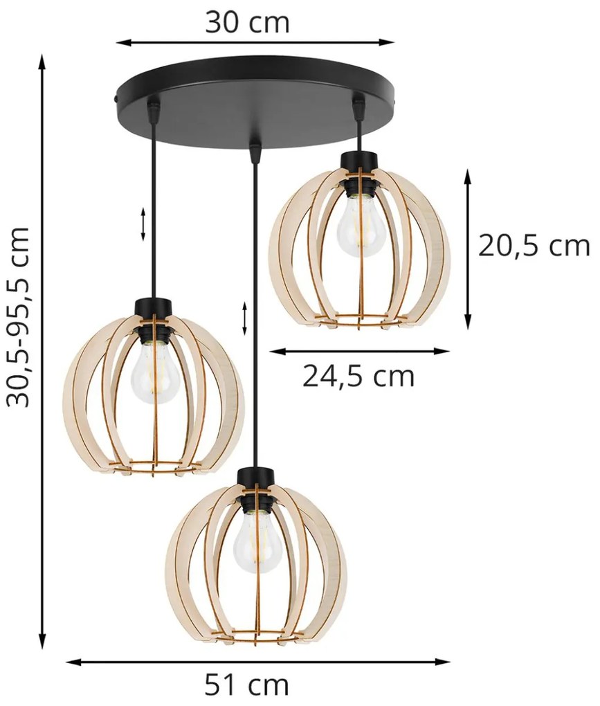 Závesné svietidlo Timber 9, 3x drevené tienidlo, o