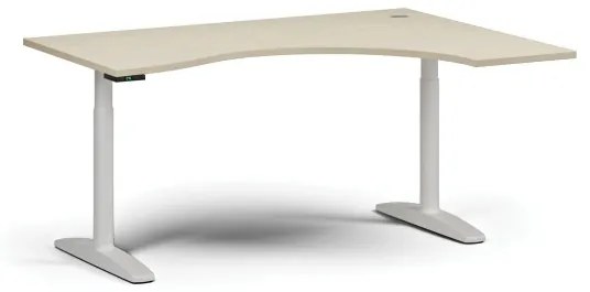 Výškovo nastaviteľný stôl OBOL, elektrický, 675-1325 mm, ergonomický pravý, doska 1600x1200 mm, biela zaoblená podnož, breza